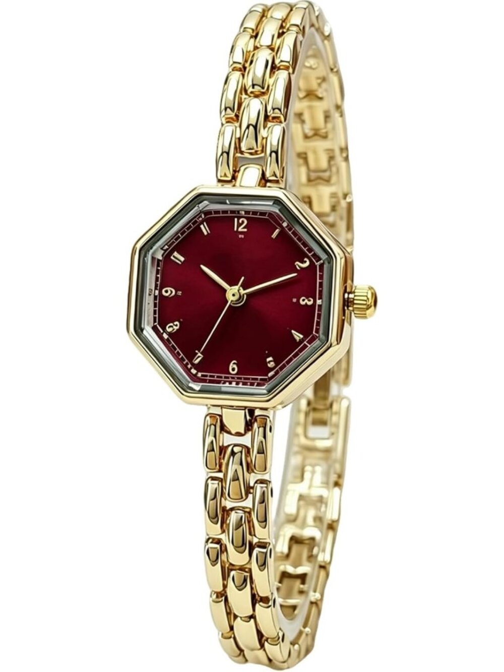 Women's Golden Red Octagonal Stainless Steel Dress Quartz Vintage Wrist Watches
